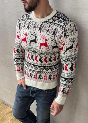 Новогодний свитер мужской зимний теплый oleni белый кофта мужская с оленями шерстяная1 фото