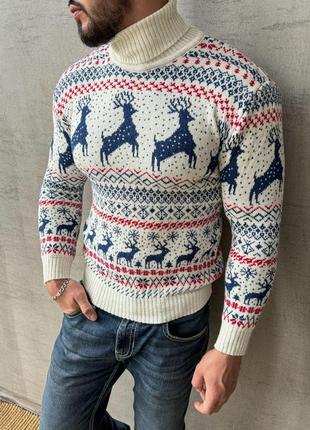 Новогодний свитер под горло теплый oleni белый кофта мужская шерстяная с оленями зима2 фото