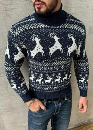 Новогодний свитер под горло теплый oleni белый кофта мужская шерстяная с оленями зима5 фото