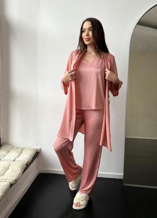 Женская шелковая пижама 4ка (халат + майка + брюки + ночная рубашка) l розовый
