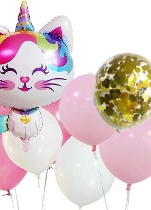 Набор воздушных шариков кот единорог и розовые шарики1 фото