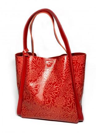 Сумка женская шоппер натуральная кожа красная с цветами 16951 фото