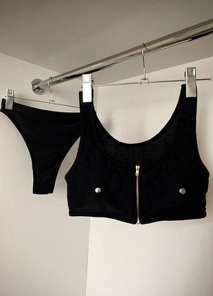 Чёрный модный спортивный купальник топ топик со змейкой высокие бразилиана талия посадка