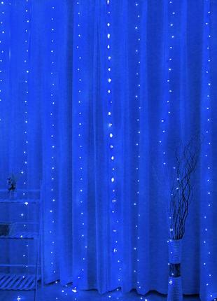 Новогодняя светодиодная гирлянда-штора водопад 2х2м 240led от сети 220v синий3 фото