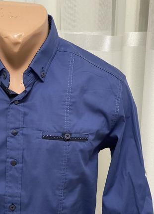 Синя чоловіча однотонна сорочка з довгим рукавом молодіжна приталена рубашка2 фото