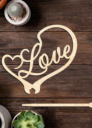 Дерев'яний топпер "love (серце)" напис 12х11cм топер для торта, у букет квіти фігурка з фанери