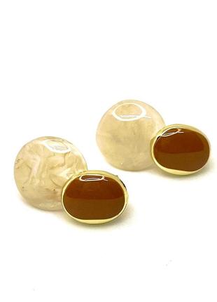 Стильні круглі золотисті сережки кульчики пусети мармурова коричнева емаль перламутр2 фото