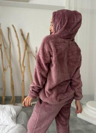 Тепла махрова піжама домашній костюм теплий худі з капюшоном вільного крою штани з високою посадкою на резинці джогери5 фото