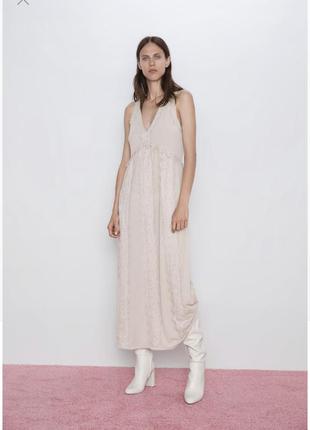 Женское бежевое летнее платье zara / жіноча сукня ажурні вставки бренд zara