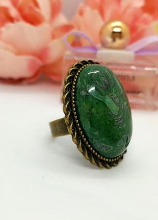 💍🍀 овальное кольцо в винтажном стиле натуральный камень зеленая яшма3 фото