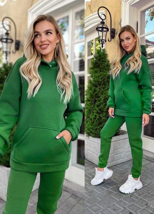 Качественный теплый женский спортивный костюм на флисе зеленый утепленный трехнить худи и штаны3 фото