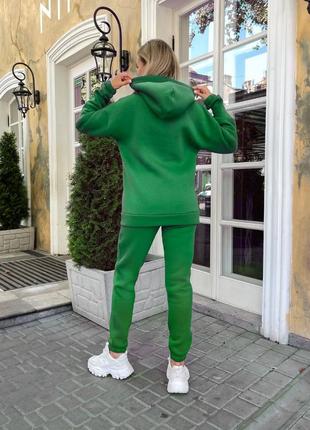 Качественный теплый женский спортивный костюм на флисе зеленый утепленный трехнить худи и штаны5 фото