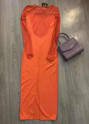 Платье миди трикотажное с сеткой шикарное персиково-оранжевое4 фото