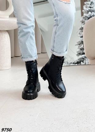 Натуральные кожаные зимние черные ботинки - берцы на повышенной подошве9 фото