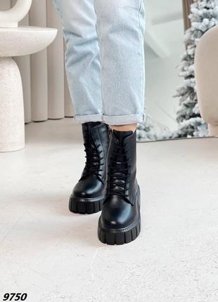 Натуральные кожаные зимние черные ботинки - берцы на повышенной подошве10 фото
