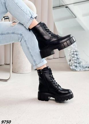 Натуральные кожаные зимние черные ботинки - берцы на повышенной подошве6 фото