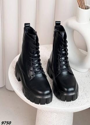 Натуральные кожаные зимние черные ботинки - берцы на повышенной подошве4 фото