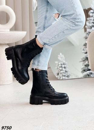 Натуральные кожаные зимние черные ботинки - берцы на повышенной подошве8 фото