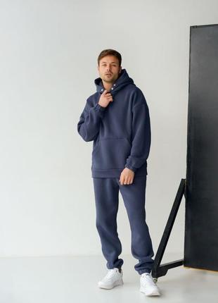 Качественный теплый мужской спортивный костюм на флисе графит утепленный трехнить худи и штаны