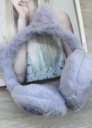 Навушники теплі з котячими вушками серце бузковий one size (507)