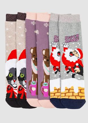 Комплект шкарпеток жіночих новорічних 3 пари, колір бежевий, світло-сливовий, світло-сірий