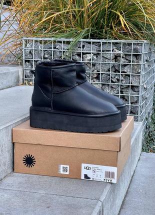 Ugg mini platform black leather угги черные на высокой платформе кожаные