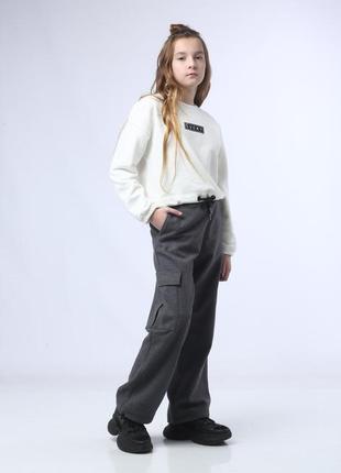 Теплые кашемировые брюки карго для девочки подростка серые брюки с накладными карманами и затяжками