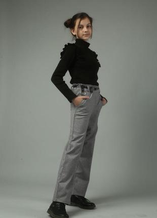 Теплые шерстяные брюки для девочки подростка серые елка прямые классические брюки с поясом4 фото