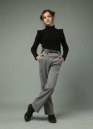 Теплі шерстяні брюки для дівчинки підлітка сірі ялинка прямі класичні штани з поясом