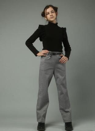 Теплые шерстяные брюки для девочки подростка серые елка прямые классические брюки с поясом7 фото