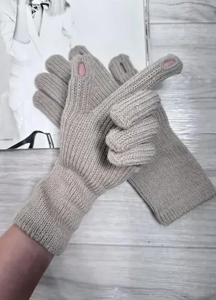 В'язані теплі рукавички довгі сіро-бежевий (3533)
