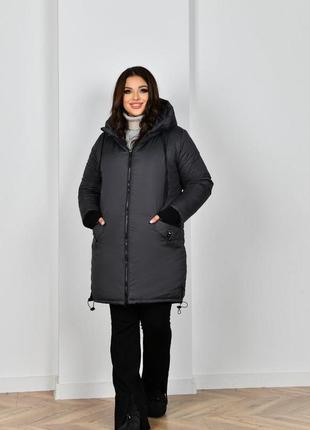 Женская зимняя куртка с капюшоном и трикотажными манжетами на рукавах большие размеры 48-628 фото