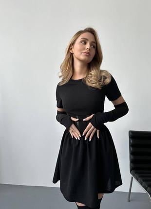 Платье короткое чёрное однотонное с кожаными вставками с рукавами качественная стильная трендовая с перединками4 фото