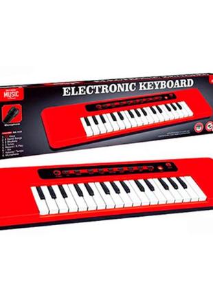 Детский красный синтезатор, пианино на батарейках, 32 клавиши, микрофон, 8 ритмов