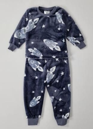 Теплая зимняя пижама махра на мальчика ракеты серая5 фото