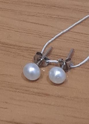 Сережки-гвоздики з перлиною срібні1 фото