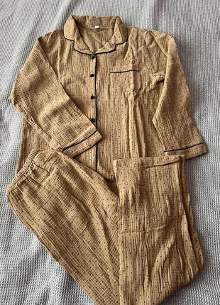 Пижама костюм для сна и дома хлопок муслин в горошек брюки шорты рубашка