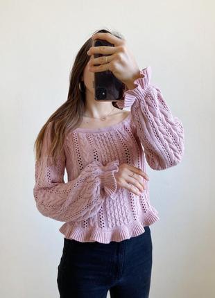 Розовый ажурный джемпер свитер на плече h&amp;m