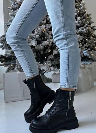 Зимові шкіряні черевики берці натуральна шкіра з товстим хутром колір чорний зима зимние берцы ботинки черные кожа мех10 фото
