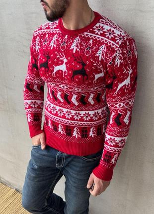 Мужской зимний новогодний свитер красный с оленями без горла шерстяной кофта с новогодним принтом (b)2 фото