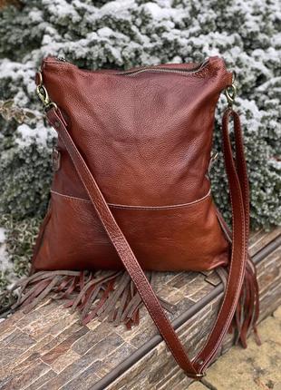 Стильная женская сумка с бахромой натуральная кожа стиль вестерн/бохо коричнево-рыжая8 фото