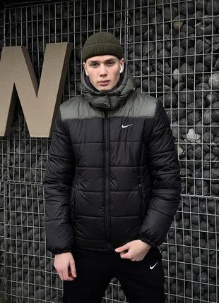 Мужская зимняя куртка nike черная с хаки до -25*с пуховик мужской зимний найк с капюшоном (b)