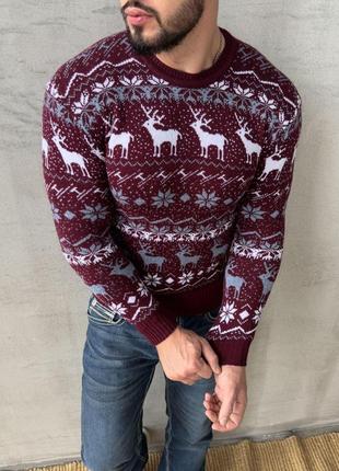 Мужской зимний новогодний свитер бордовый с оленями без горла шерстяной кофта с новогодним принтом (b)2 фото