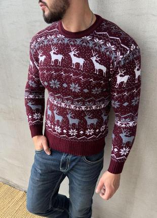 Мужской зимний новогодний свитер бордовый с оленями без горла шерстяной кофта с новогодним принтом (b)