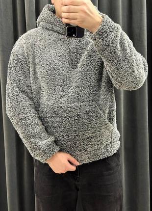 Мужское плюшевое худи оверсайз черное с капюшоном толстовка флисовая утеплённая на зиму (b)6 фото