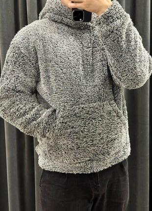 Мужское плюшевое худи оверсайз черное с капюшоном толстовка флисовая утеплённая на зиму (b)5 фото