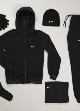 Мужской зимний спортивный костюм nike + шапка + бафф + перчатки + носки черный найк теплый на флисе (b)