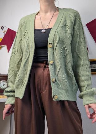 Кардиган свитер кофта на пуговицах зеленая вязанная s m l