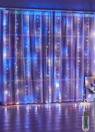 Светодиодная новогодняя гирлянда-штора капля росы 2х2м 150led usb с ду пультом мультик1 фото