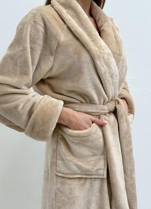 Теплый махровый женский халат на запах с поясом бежевый, розовый6 фото